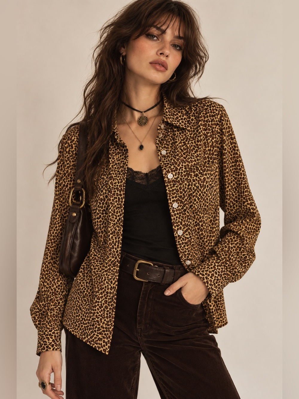100% Silk Vintage Leopard Print Button-Down Shirt - Brown & Black